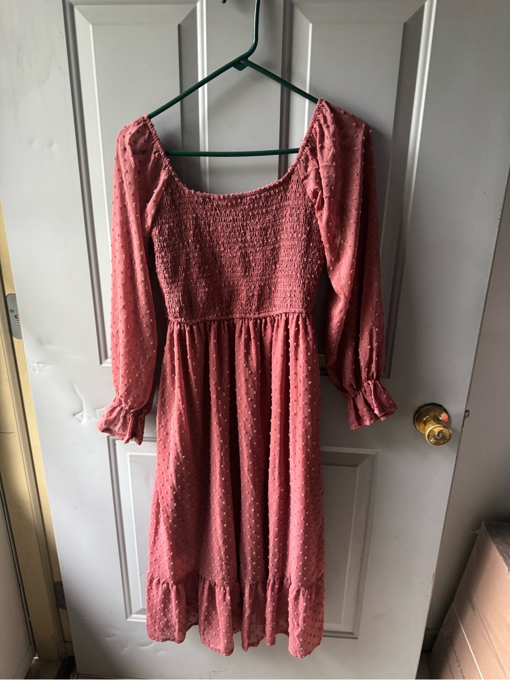 Smocked Swiss Dot Long Sleeve Midi Dress in Dusty Rose